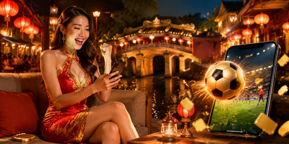 Người dùng xem kèo bóng đá tại khu chợ đêm Hội An trên điện thoại di động